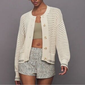 Magaschoni Open-Knit Cardigan Ivory Contrast Black Button Front Chunky Cotton-M